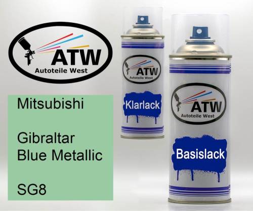 Mitsubishi, Gibraltar Blue Metallic, SG8: 400ml Sprühdose + 400ml Klarlack - Set, von ATW Autoteile West.